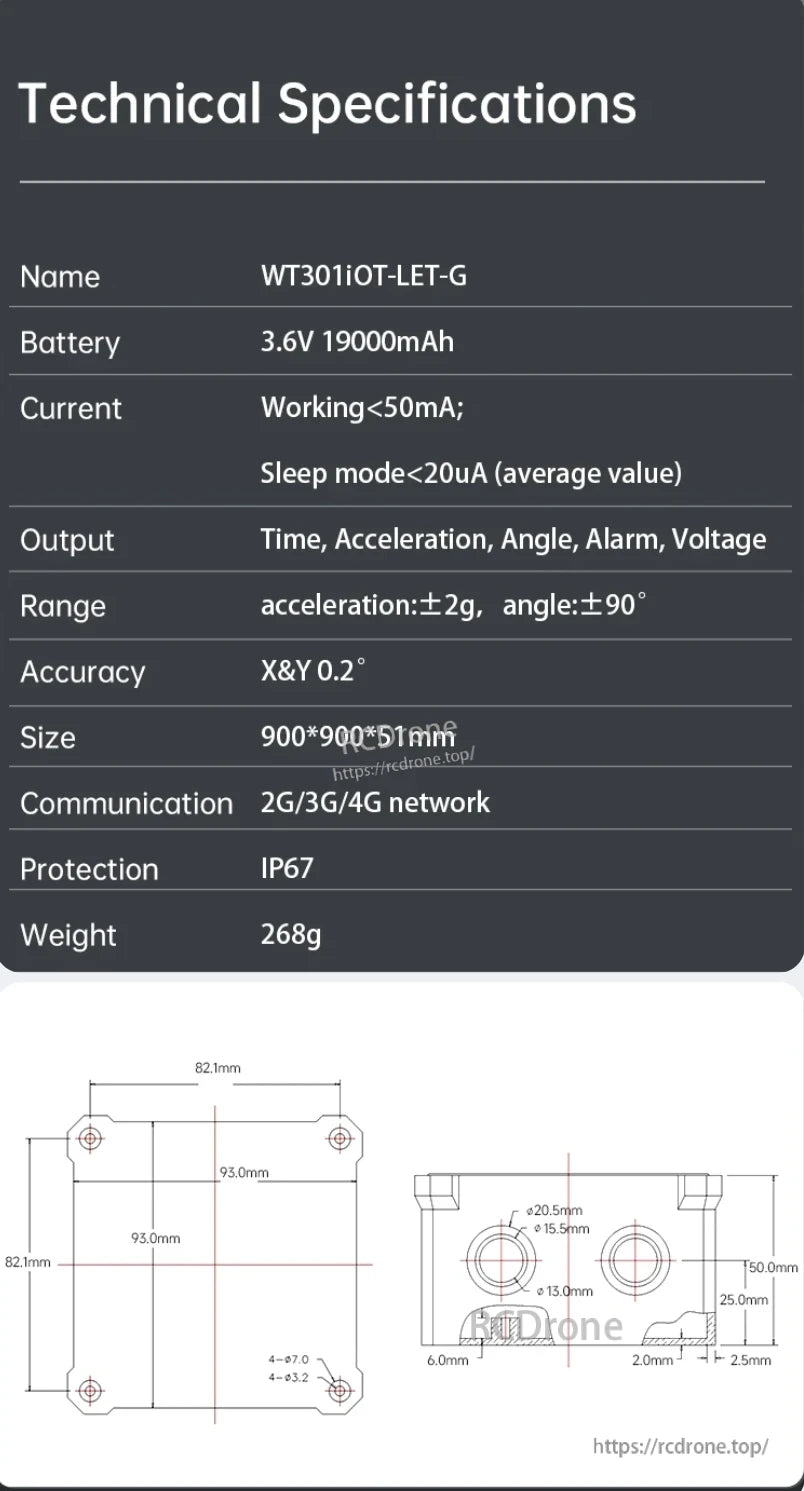 The WitMotion WT301 IoT sensor features a 3.6V 19000mAh battery, low power consumption, IP67 rating, 2G/3G/4G support, and measures acceleration, angle, alarm, voltage, and time.