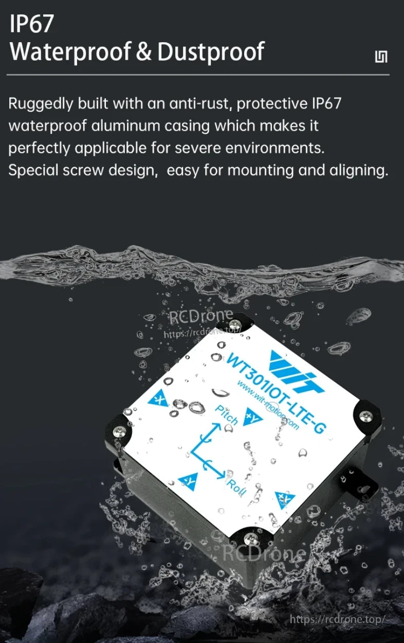 WitMotion WT301 IoT Sensor, IP67 waterproof and dustproof sensor with aluminum casing, rust-resistant, easy to mount, designed for harsh environments.