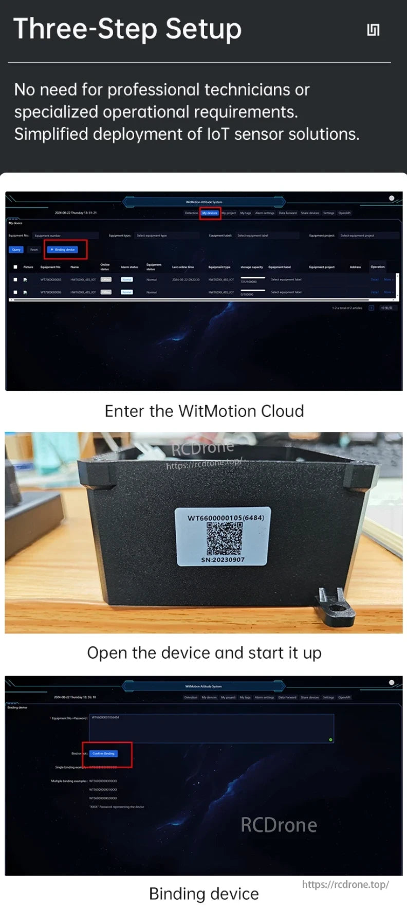 WitMotion WT301 IoT Sensor, WitMotion IoT sensor setup: access cloud, power on, bind via interface. Simplified deployment; no technicians needed. Device WT6600000105(6484) with QR code and SN:20230907.