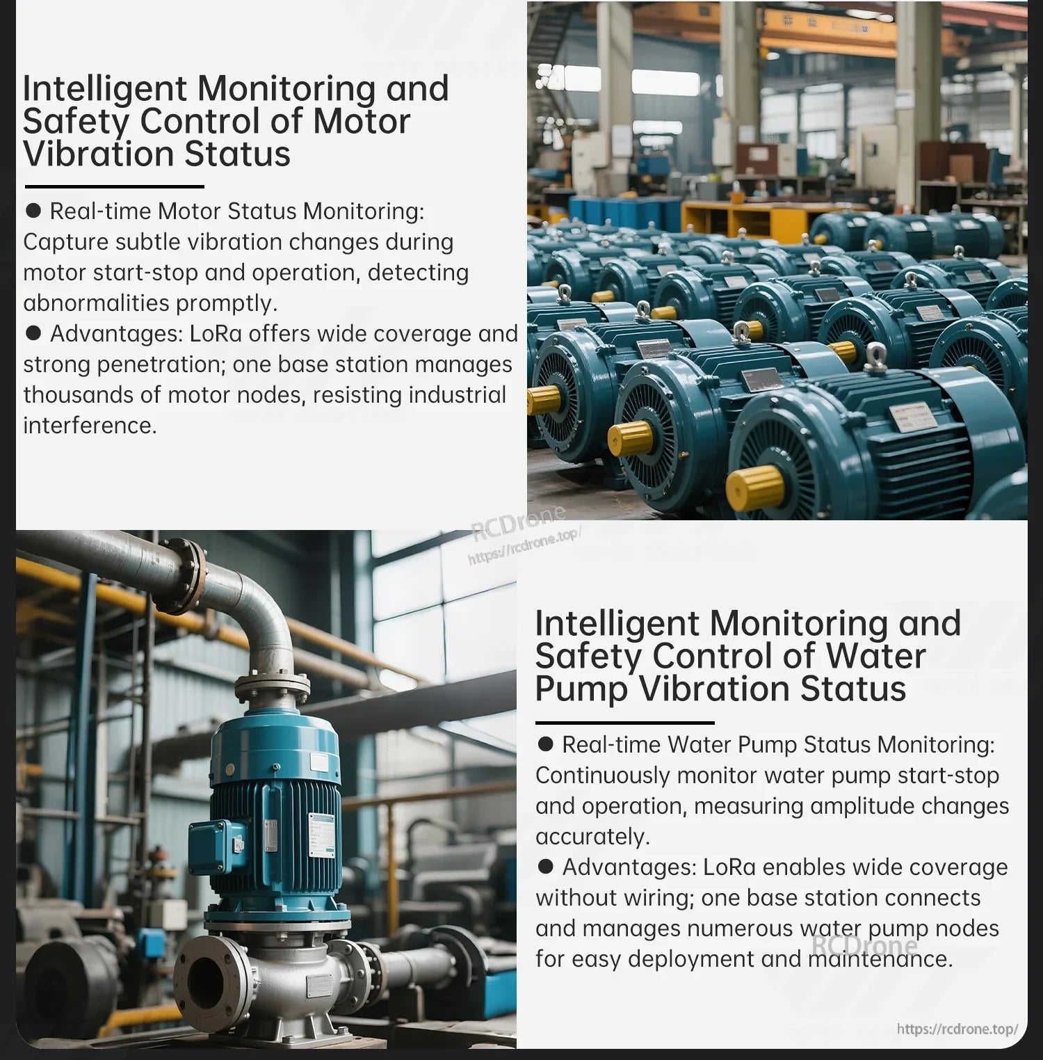 Industrial applications: motor vibration status and water pump vibration monitoring for predictive maintenance
