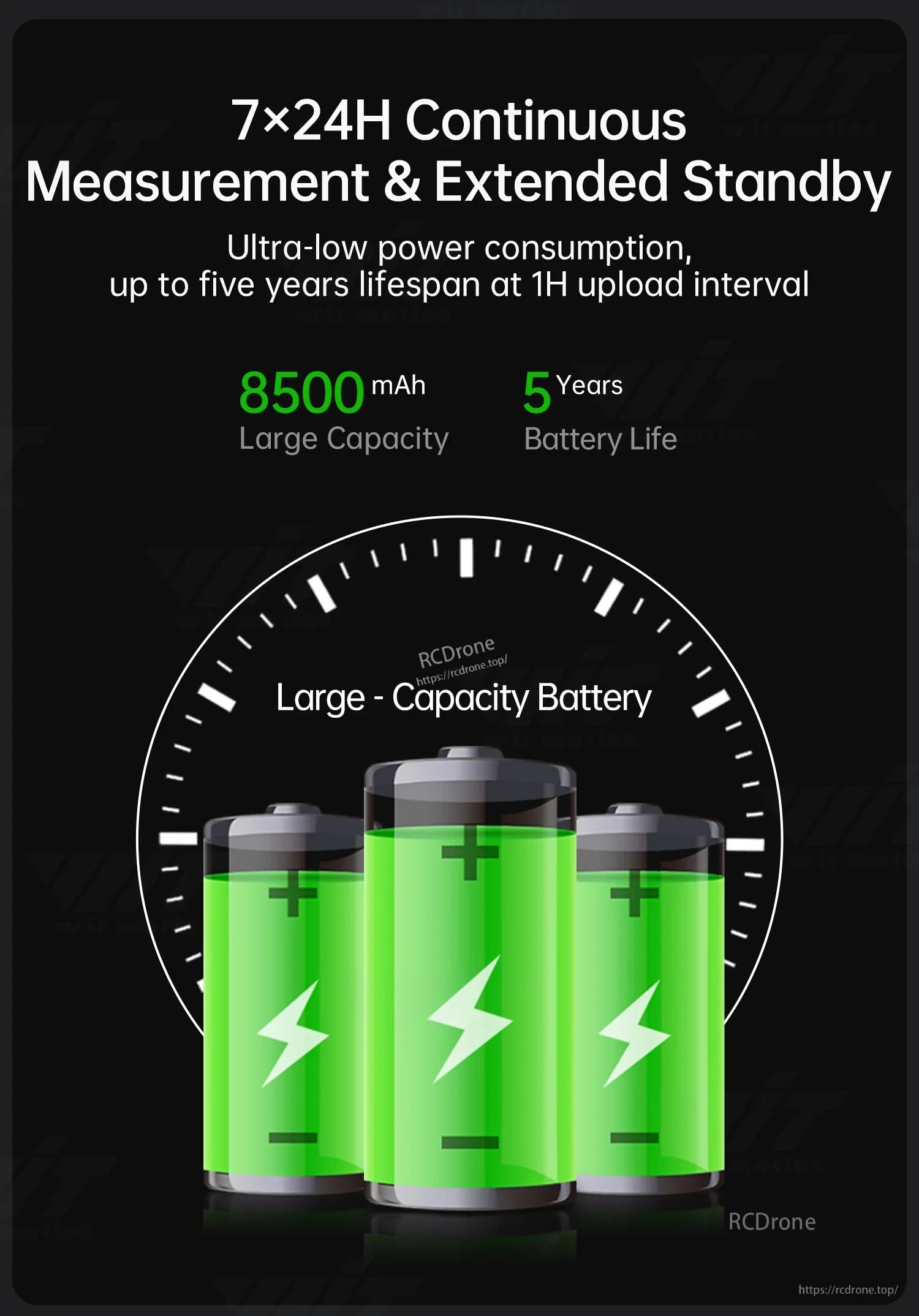 Battery and power graphic: 8500mAh capacity with ultra‑low power consumption for long standby life