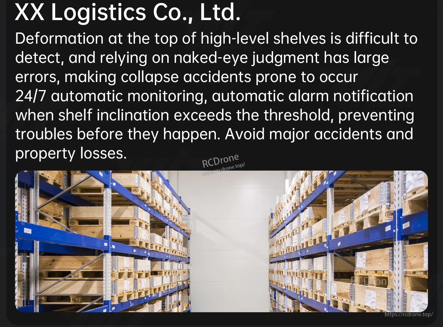 Customer project example: logistics warehouse high-bay shelf monitoring with automatic tilt alarm notification