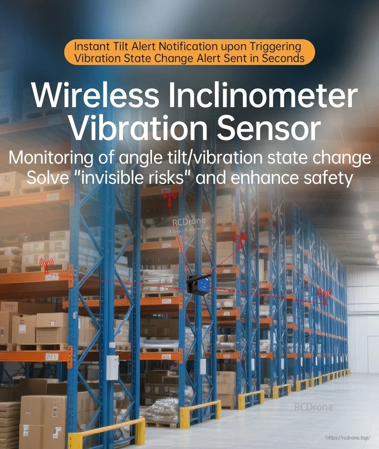 Wireless inclinometer vibration sensor application in warehouse racking for tilt alerts and safety monitoring