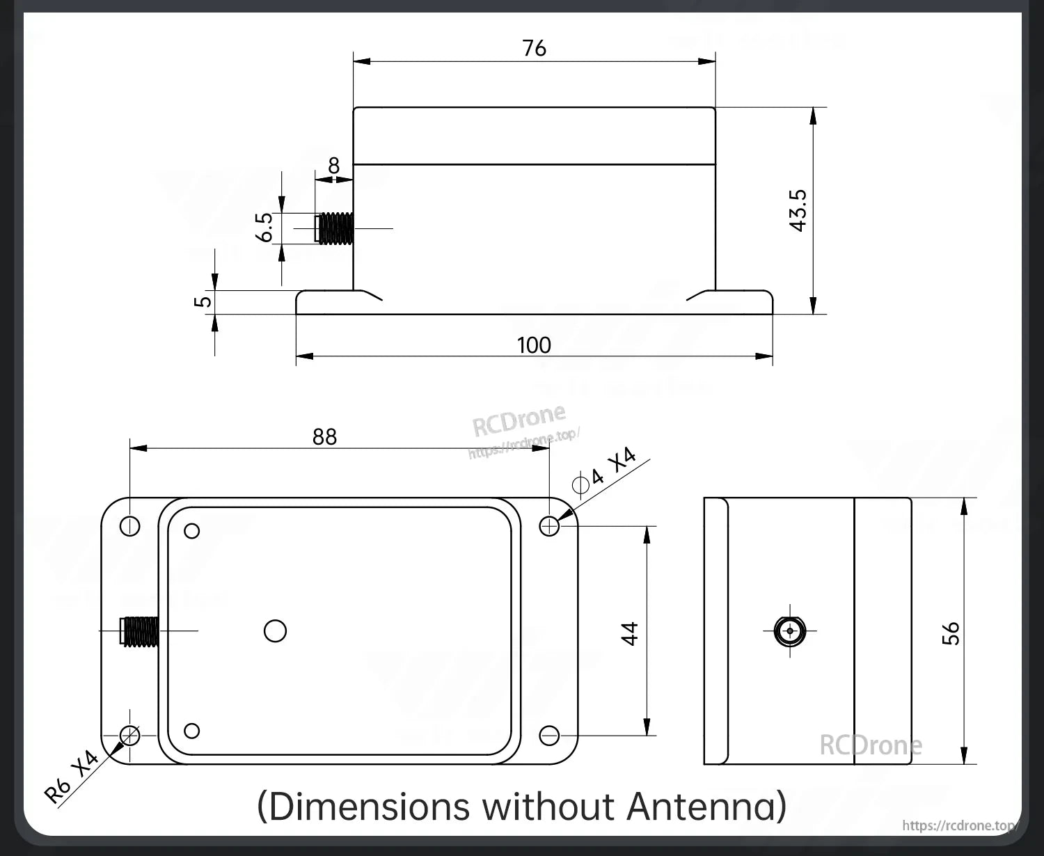 Mechanical dimensions drawing for WT303IOT-LORA-A9 enclosure (dimensions without antenna) with mounting holes