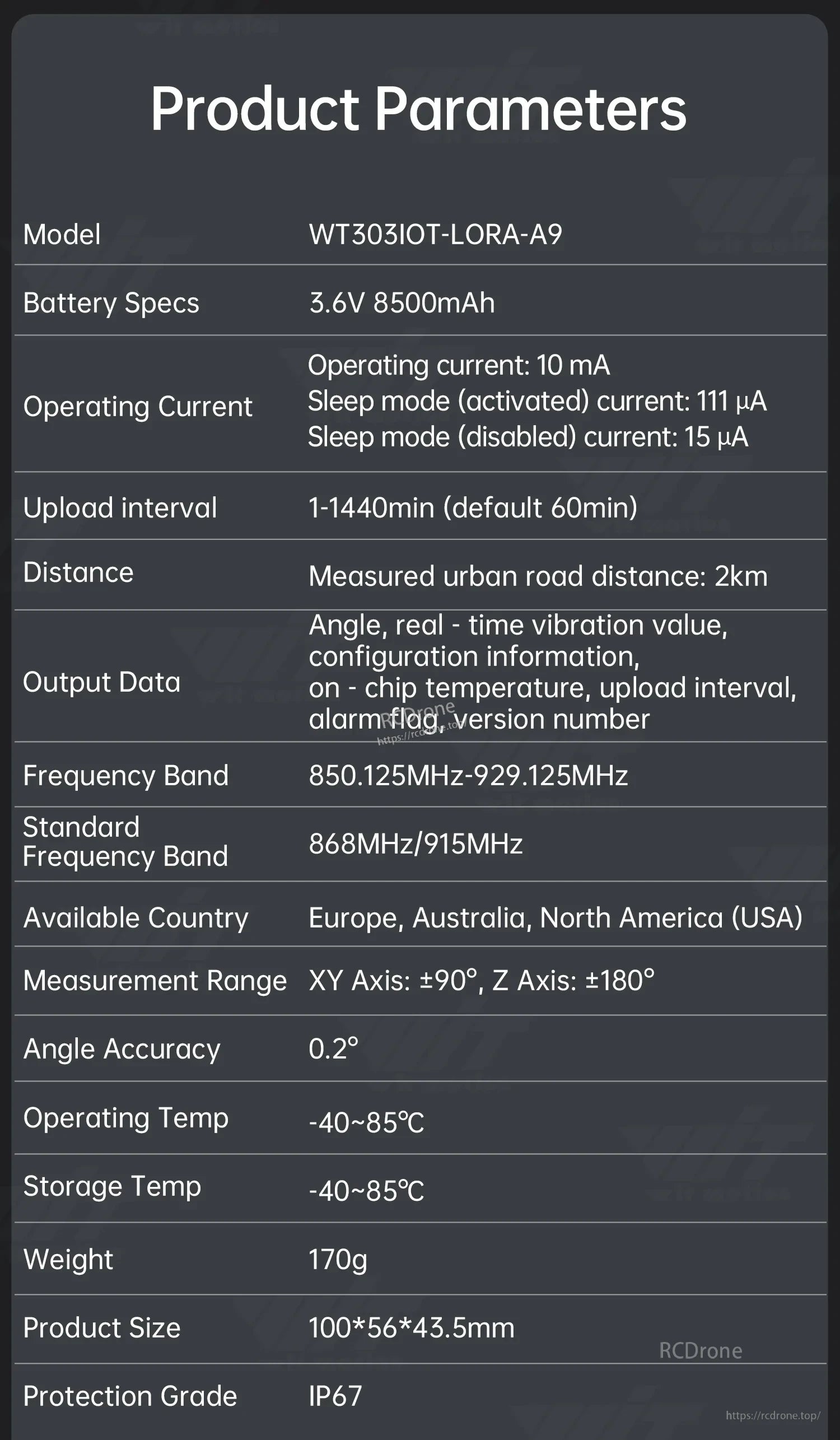 WT303IOT-LORA-A9 product parameters table with battery specs, frequency bands, upload interval, and IP67 rating