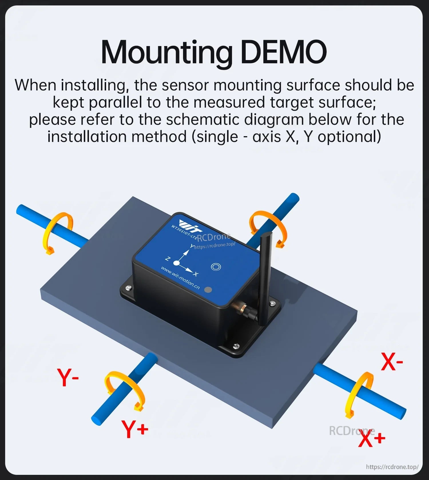 Mounting demo showing sensor orientation and X/Y axis installation guidance for single-axis tilt measurement