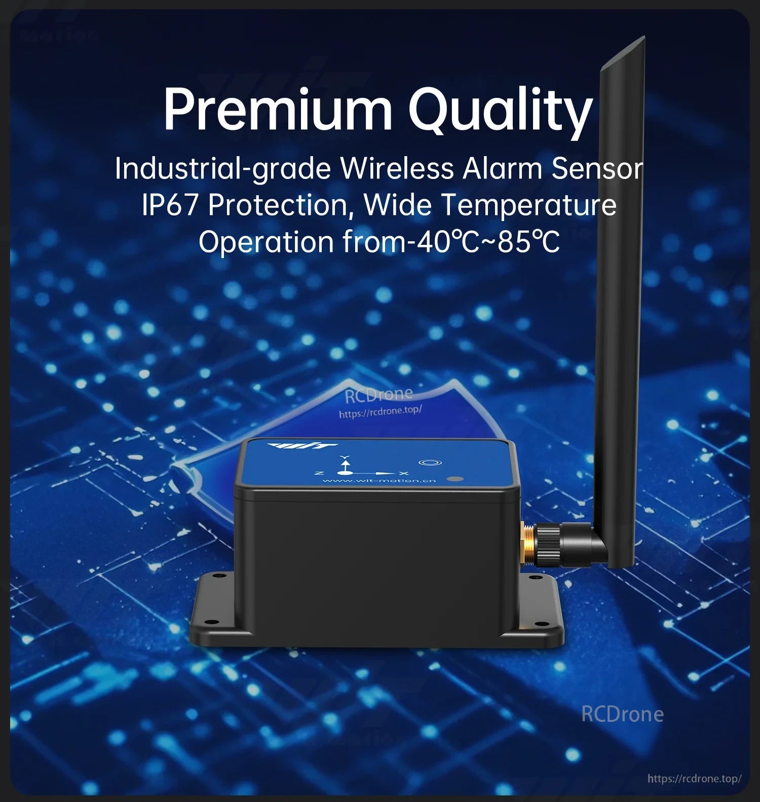 Industrial-grade WT303IOT-LORA-A9 wireless alarm sensor with external antenna and wide temperature operation