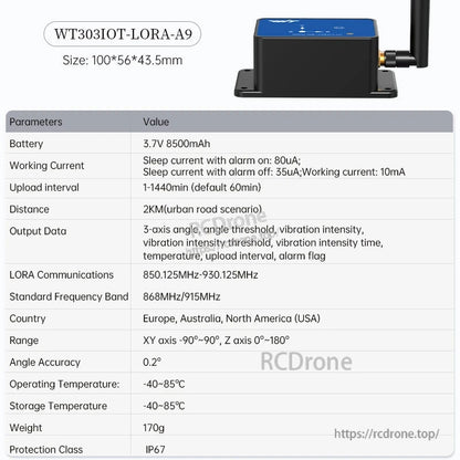 WT303IOT-LORA-A9 parameter table with size 100×56×43.5 mm, battery, LoRa frequency and IP67 class