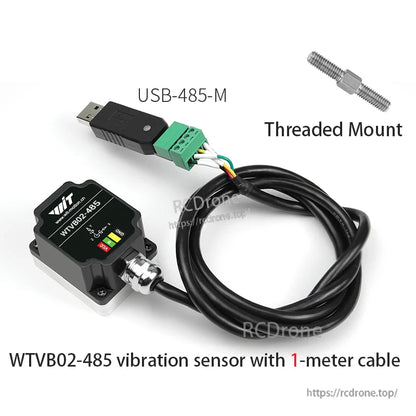 WTVB02-485 vibration sensor with 1 m cable, USB-485-M adapter and threaded mount hardware