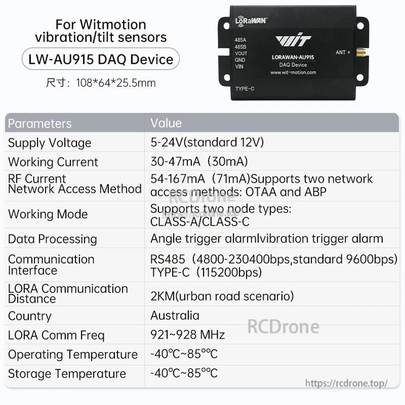 LW-AU915 DAQ device parameter chart for WitMotion tilt/vibration sensors, Australia AU915 LoRa band