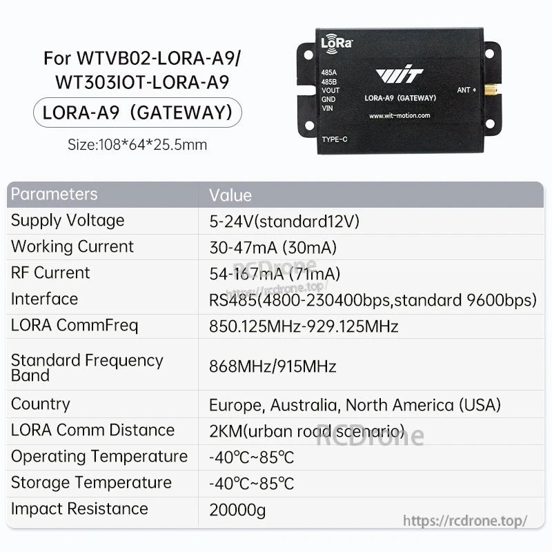 LORA-A9 gateway parameter table with RS485 interface, LoRa bands and operating temperature range