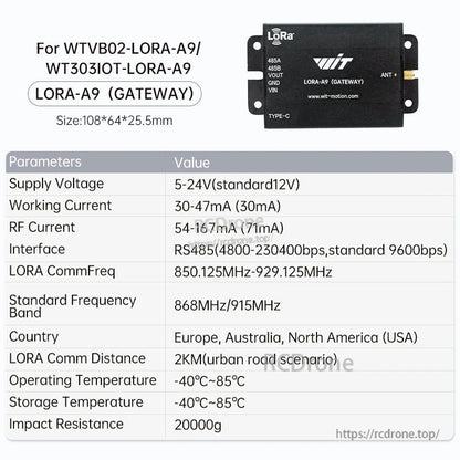 LORA-A9 gateway parameter table with RS485 interface, LoRa bands and operating temperature range