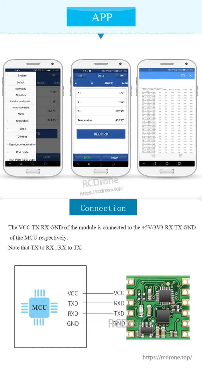 The WitMotion WT31N inclinometer app shows settings, real-time data, and logs. The connection diagram illustrates the MCU interface using VCC, TXD, RXD, and GND pins for serial communication.