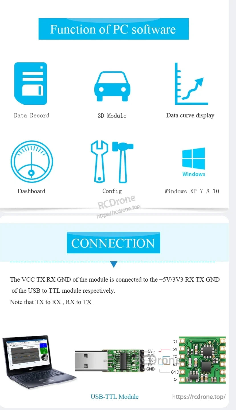 WitMotion WT31N Inclinometer, PC software supports data recording, 3D module, curves, dashboard, and configuration. Compatible with Windows XP/7/8/10. Connect via USB-TTL: VCC TX RX GND to +5V/3V3 RX TX GND; cross TX/RX.