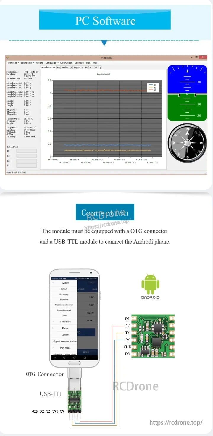 WitMotion WT31N Inclinometer, Software shows real-time sensor data. Requires OTG and USB-TTL for Android, with wiring and interface details for setup and calibration.