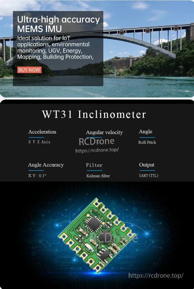WitMotion WT31N Inclinometer, The WT31 MEMS IMU provides 0.1° accuracy, Kalman filtering, UART output, and measures acceleration, angular velocity, and angle for IoT, environmental monitoring, UGVs, energy, mapping, and building protection.