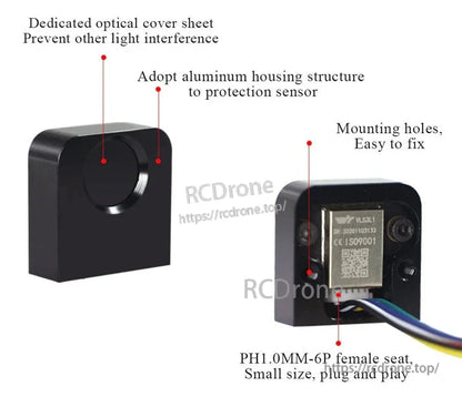 WitMotion WT53D 4 m Laser Distance Sensor, Optical cover blocks light interference. Aluminum housing shields sensor. Mounting holes for easy setup. Compact PH1.0MM-6P connector enables plug-and-play installation.
