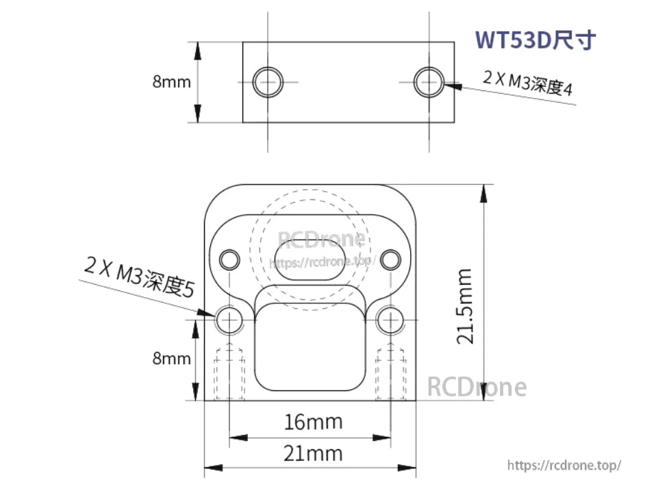 WitMotion WT53D 4 m Laser Distance Sensor, WT53D sensor: 21.5×21×8 mm, 2×M3 holes, UART-TTL 3.3–5V, Modbus/ASCII, 0.1–100 Hz, ±20 mm accuracy.