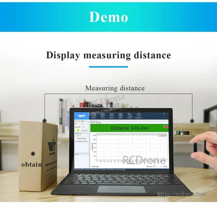 WitMotion WT53D 4 m Laser Distance Sensor, The laser distance sensor measures 616 mm, with real-time data displayed on a laptop interface featuring a graph and settings panel.