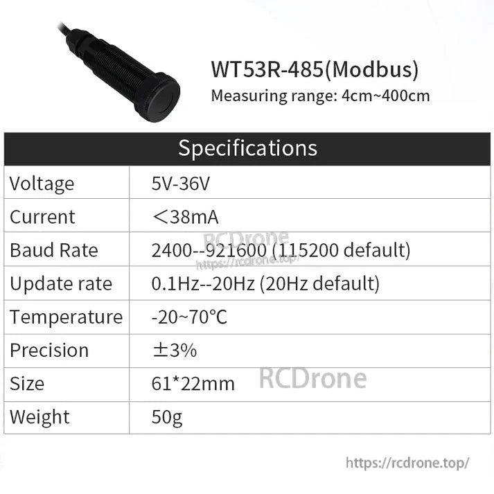 WitMotion WT53R Laser Distance Sensor, WT53R-485 Modbus laser sensor: 4–400 cm range, 5–36V, <38mA, baud rate 2400–921600, 0.1–20Hz update rate, -20–70°C, ±3% precision, 61×22mm, 50g.