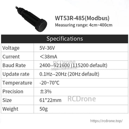 WitMotion WT53R Laser Distance Sensor, WT53R-485 Modbus laser sensor: 4–400 cm range, 5–36V, <38mA, baud rate 2400–921600, 0.1–20Hz update rate, -20–70°C, ±3% precision, 61×22mm, 50g.