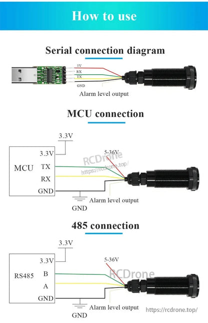 WitMotion WT53R Laser Distance Sensor, WitMotion WT53R laser sensor: 4m range, ±20mm accuracy, 0.1–100Hz, TTL UART/RS485 Modbus, 5–36V, alarm output, connection diagrams included.