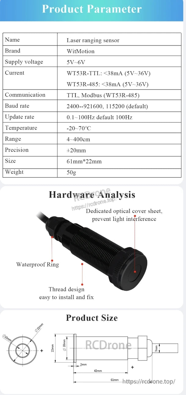 WitMotion WT53R Laser Distance Sensor, The WitMotion WT53R laser rangefinder features a 4–400 cm range, ±20 mm precision, 5–6 V supply, TTL/Modbus communication, 100 Hz update rate, IP67 waterproofing, and thread mounting.