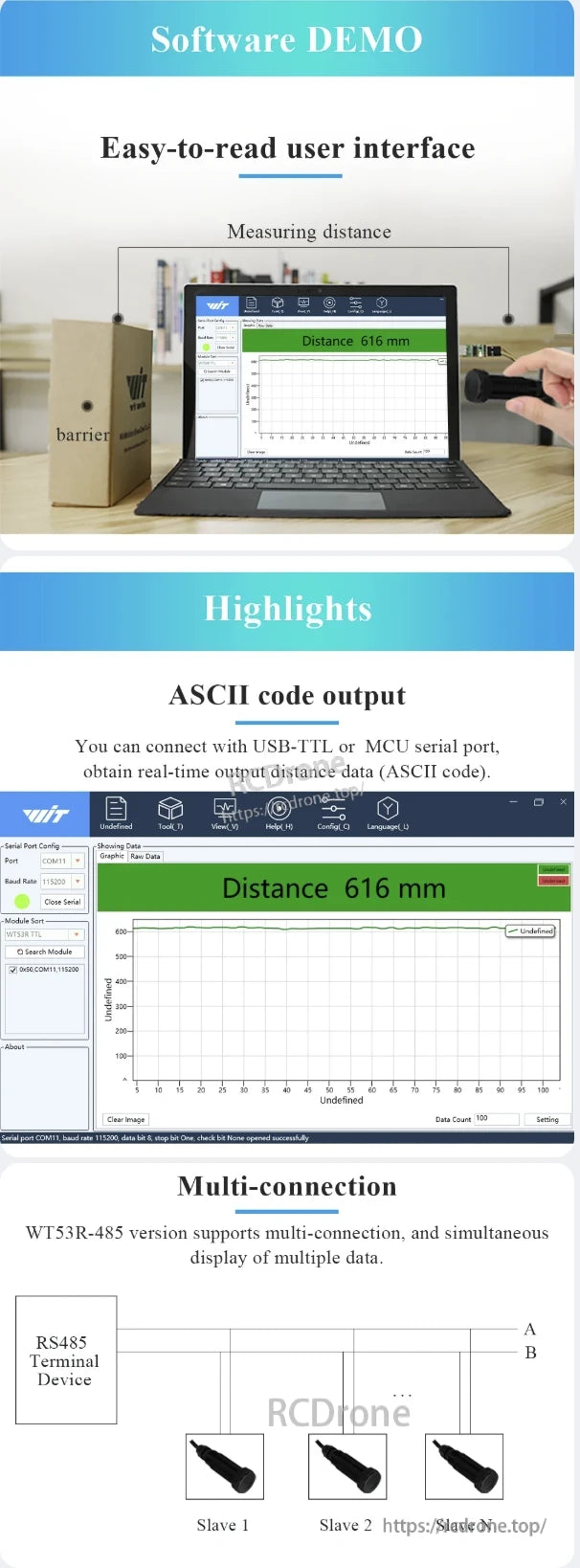 WitMotion WT53R Laser Distance Sensor, The WitMotion WT53R laser sensor features an easy-to-read interface, ASCII output via USB-TTL/MCU serial, and supports RS485 multi-connection with simultaneous multi-slave data display.