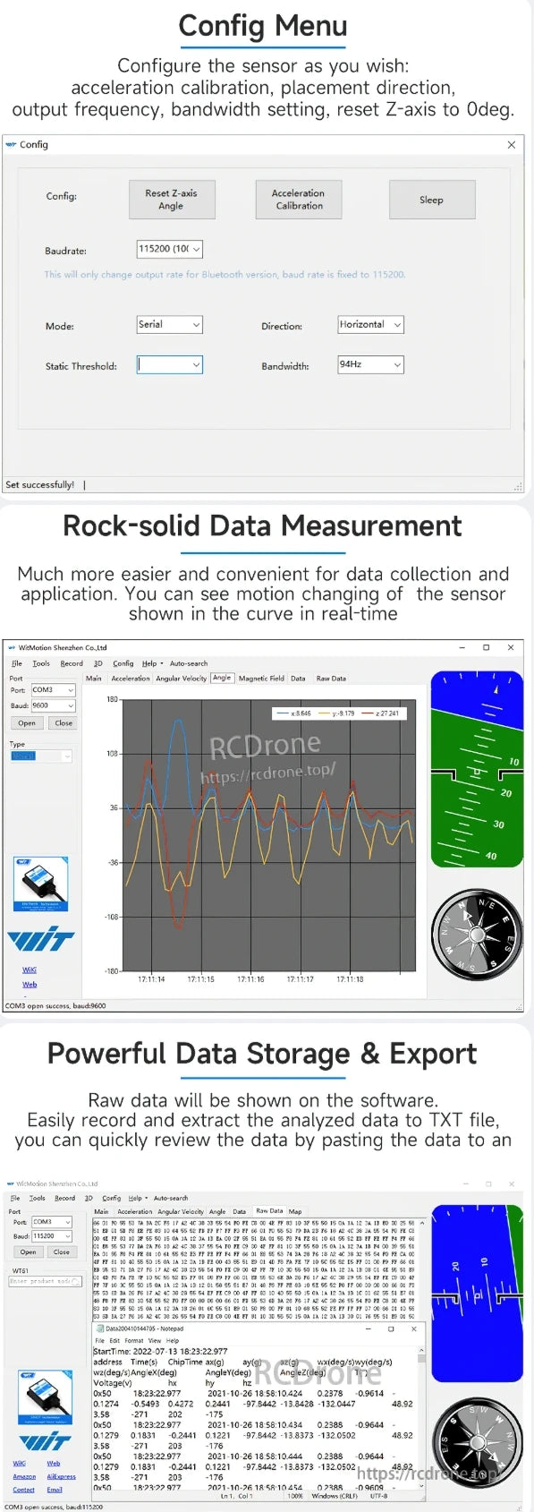 The WitMotion WT61 IMU provides calibration, real-time measurements, and data export of acceleration, angular velocity, magnetic field, and raw data in TXT format.