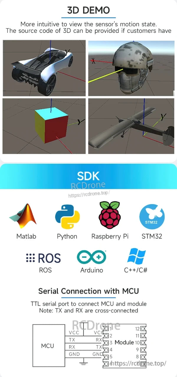 WitMotion WT61 IMU, The 3D demo visually shows sensor movement. The SDK works with Matlab, Python, Raspberry Pi, STM32, ROS, Arduino, and C++/C#. It uses a TTL serial connection with MCU, where TX and RX are connected crosswise.