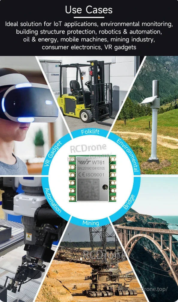 WitMotion WT61 IMU used in IoT, environmental monitoring, robotics, automation, mining, bridges, VR, and industrial applications.
