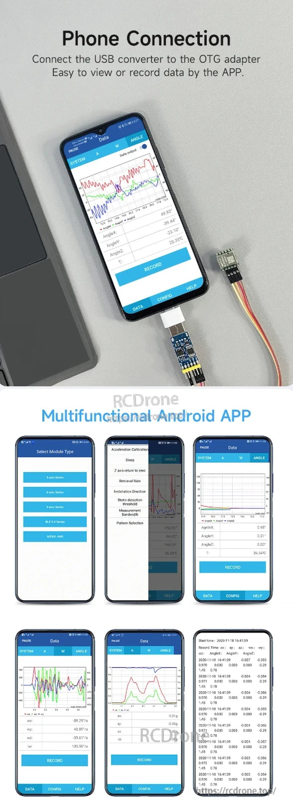 The WitMotion WT61 IMU connects to smartphones via USB OTG, offering real-time sensor data like angles, acceleration, and timestamps through a multifunctional Android app with configuration and logging options.