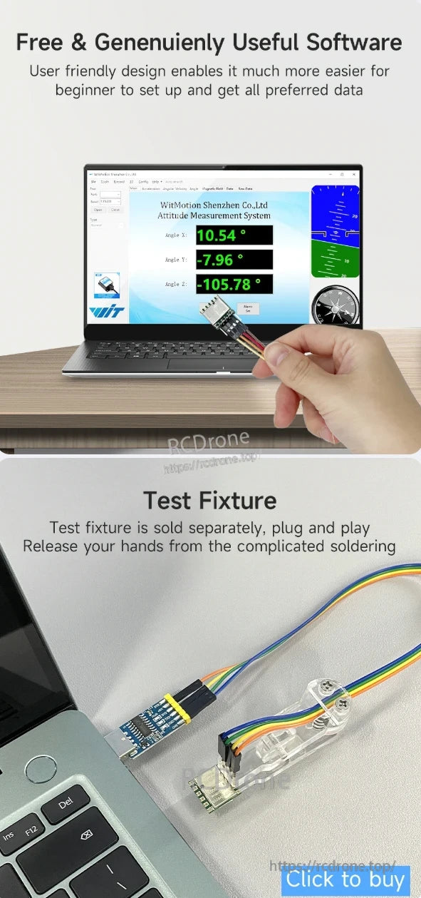 The WitMotion WT61 IMU provides easy setup, plug-and-play operation, and real-time attitude measurements with angle data.