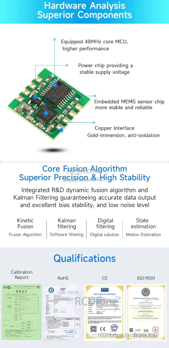 The WitMotion WT61 IMU provides high precision with Kalman filtering, RoHS, CE, and ISO-9001 certifications, featuring a 48MHz MCU, MEMS sensor, stable power chip, and gold-immersed copper interface.