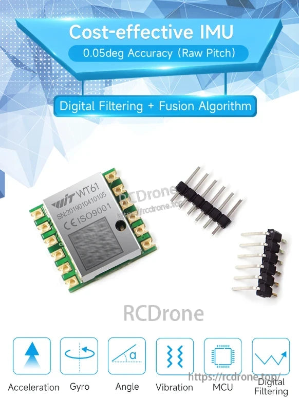 The WitMotion WT61 IMU offers 0.05° pitch accuracy with digital filtering, fusion algorithm, and integrated sensors.