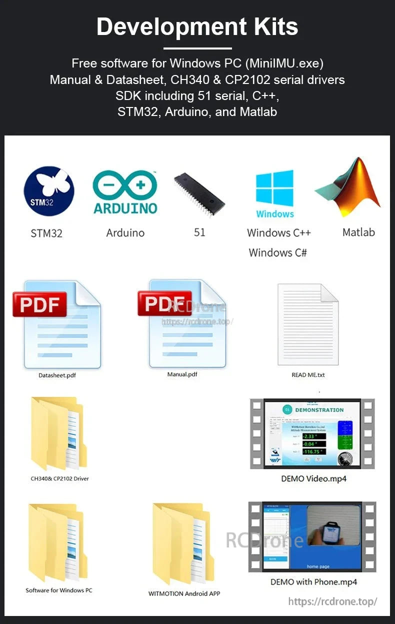 WitMotion WT61C High-Accuracy Accelerometer Sensor, Development kits include free Windows software, manuals, datasheets, drivers, SDKs for 51, C++, STM32, Arduino, Matlab, plus PDFs, demo videos, PC software, and Android app.