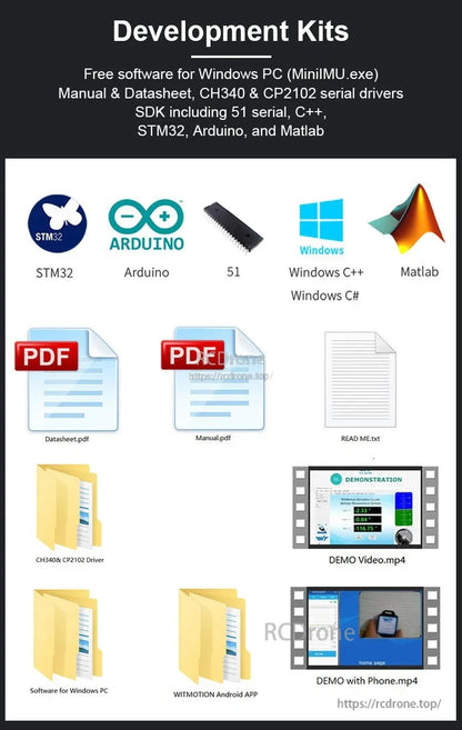 WitMotion WT61C High-Accuracy Accelerometer Sensor, Development kits include free Windows software, manuals, datasheets, drivers, SDKs for 51, C++, STM32, Arduino, Matlab, plus PDFs, demo videos, PC software, and Android app.