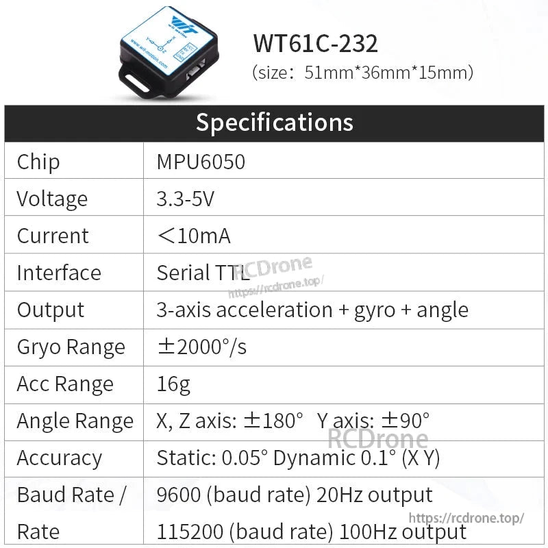 WitMotion WT61C High-Accuracy Accelerometer Sensor, The WT61C-232 IMU sensor features an MPU6050 chip, 3-axis acceleration, gyro, and angle output, with 0.05° static and 0.1° dynamic accuracy, operating at 3.3-5V and <10mA.