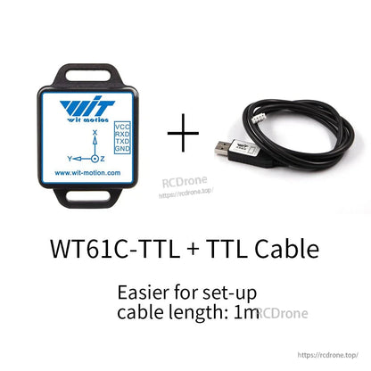 WitMotion WT61C High-Accuracy Accelerometer Sensor, The WT61C-TTL sensor includes a 6-axis IMU with accelerometer, gyroscope, and angle AHRS, features a 1m TTL cable, and is compatible with Arduino, TTL, and RS232 interfaces.