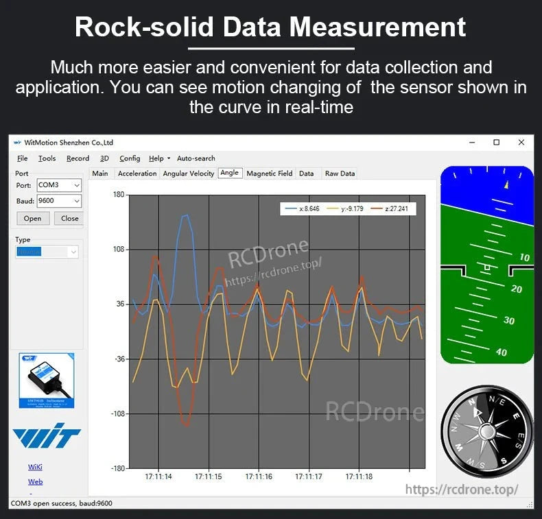 WitMotion WT61C High-Accuracy Accelerometer Sensor, The WitMotion WT61C sensor provides real-time motion data with acceleration, angular velocity, angle display, COM3 port, 9600 baud rate, and graph visualization.