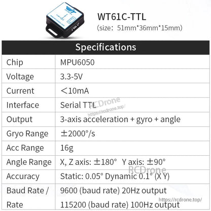 WitMotion WT61C High-Accuracy Accelerometer Sensor, The WT61C-TTL IMU sensor features an MPU6050 chip, 3.3-5V voltage, <10mA current, 3-axis acceleration, gyro, angle output, serial TTL interface, ±2000°/s gyro range, 16g acc range, ±180°/±90° angle range, 0.05° static accuracy, and 9600/115200 baud rates.