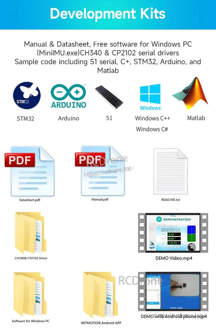 Development kits include manuals, drivers, code samples, software, and tools for STM32, Arduino, 51, Windows C++, and Matlab. Supports CH340, CP2102, TTL/I²C, 3.3–5V, 0.2–200 Hz.