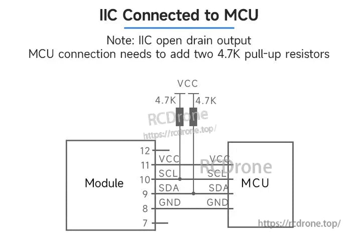 The module connects to the MCU via I²C with VCC, SCL, SDA, and GND pins. The MCU requires 4.7K pull-up resistors on SCL and SDA for open-drain compatibility.
