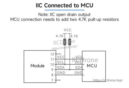 The module connects to the MCU via I²C with VCC, SCL, SDA, and GND pins. The MCU requires 4.7K pull-up resistors on SCL and SDA for open-drain compatibility.