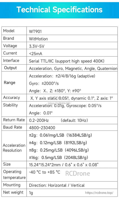 The WitMotion WT901 is a compact 9-axis IMU with accelerometer, gyro, and magnetometer. It supports 3.3V-5V, <25mA current, TTL/I²C interface, and outputs motion data at 0.2–200Hz. Size: 15.24×15.24×2mm, weight: 1g, temp: -40°C to +85°C.