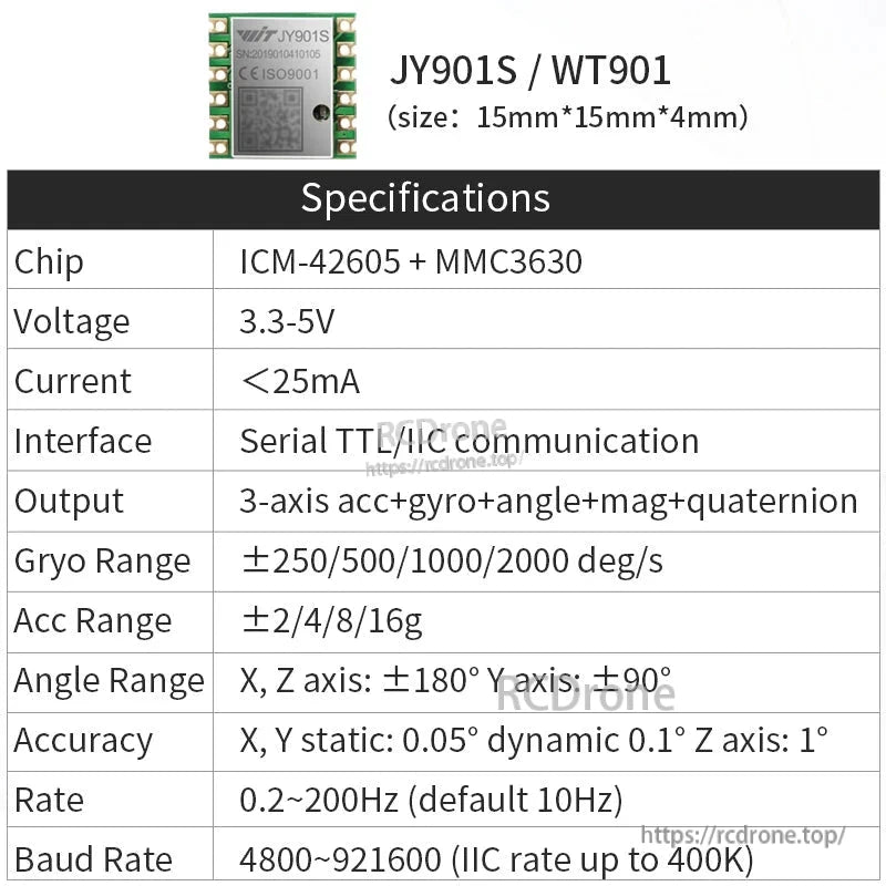 The WitMotion JY901S/WT901 is a 9-axis IMU module offering accelerometer, gyroscope, magnetometer, and quaternion outputs, with configurable ranges and interfaces.