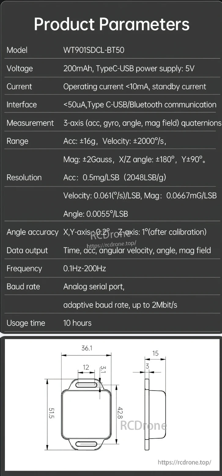 WitMotion WT901 Accelerometer Logger, The WitMotion WT901SDCL-BT50 is a compact accelerometer logger with a 200mAh battery, 5V Type-C USB, Bluetooth, 3-axis sensing, ±16g acceleration, ±2000°/s velocity, ±2Gauss magnetism, and 10-hour usage.