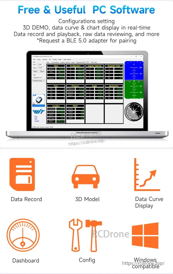 Free PC software for WitMotion WT901 BLE IMU provides real-time 3D visualization, data recording, playback, and configuration tools with Windows compatibility and intuitive controls.