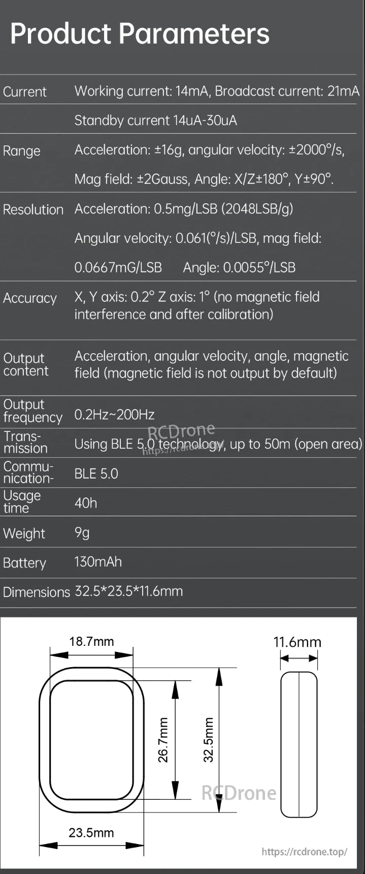 The WitMotion WT9011DCL BLE sensor provides high-precision motion sensing with BLE 5.0, a 130mAh battery, and compact size.
