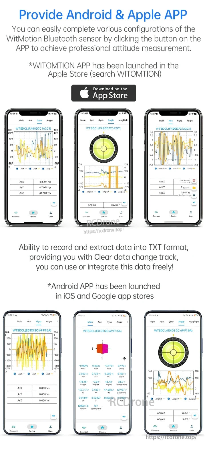 WitMotion WT9011DCL BLE Sensor, WitMotion APP configures Bluetooth sensors for professional attitude measurement on Android and iOS, records and exports data in TXT format. Available on App Store and Google Play.